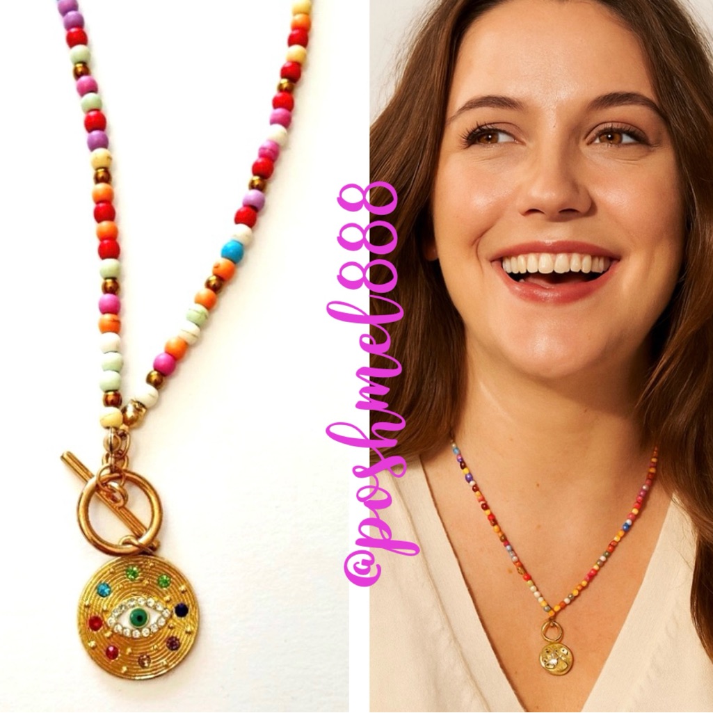 Good Luck Evil Eye Protection Rainbow Beaded Necklace Wgold Toggle Clasp Pendant